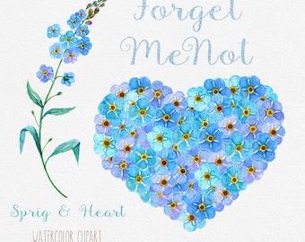 Watercolor Floral Heart with Sprig Forget Me Not Flowers. Individual PNG files. Hand Painted, DIY invites, wedding invitations