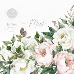 Blanc Floral Clipart Pivoines Roses Délicates Fleurs Rose Clair Aquarelle Bouquets Verdure Bohème Boho Peint À La Main Invitations De Mariage