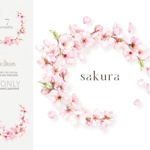 Clipart di fiori di ciliegio ad acquerello, clipart Sakura, ghirlande floreali, bouquet freschi rosa floreali primaverili, clipart prefabbricate, png sakura giapponese