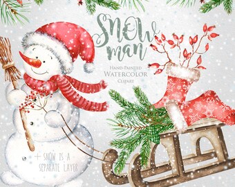 Snowman Watercolor Christmas Clipart, Holiday Winter Set, Christmas stocking, sled, snowflakes, spruce, pine, decorations, Greeting card