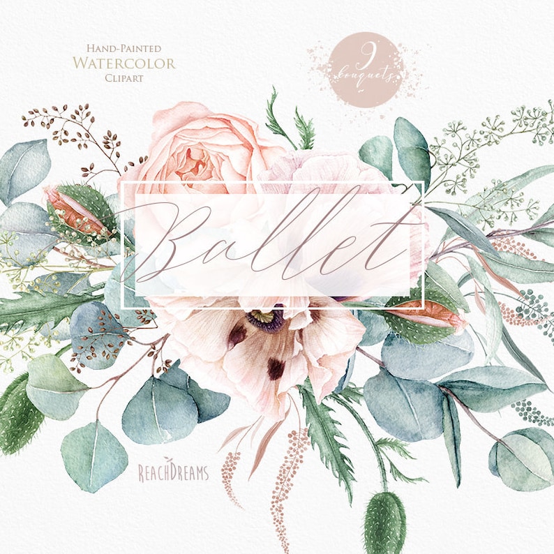 Floral clipart, Eucalyptus, Poppy, Nude flowers, Greenery, Light Pink, Watercolor Bouquets, Bohemian Boho, Hand Painted, Wedding invitations 