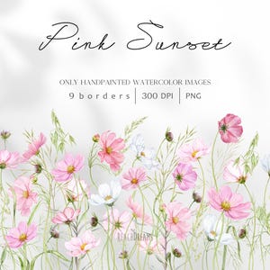Aquarell Blumen Bordüren Clipart, Wildblumen PNG, Rosa Sommerblumen, Sommer Wildblumen, Aquarell Wiesenblumen, Hochzeit Clipart