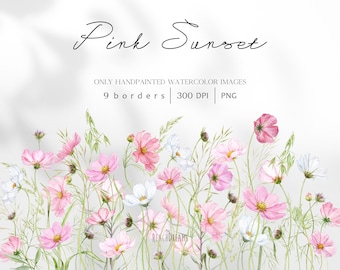 Aquarell-Blumenbordüren-Clipart, Wildblumen-PNG, rosa Sommerblumen, Sommerwildblumen, Aquarell-Wiesenblumen, Hochzeits-Clipart
