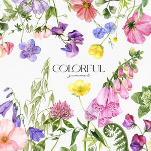 May include: Watercolor illustration of a variety of colorful flowers, including pink, purple, yellow, and blue flowers. The text "COLORFUL summer" is written in black at the top of the image.