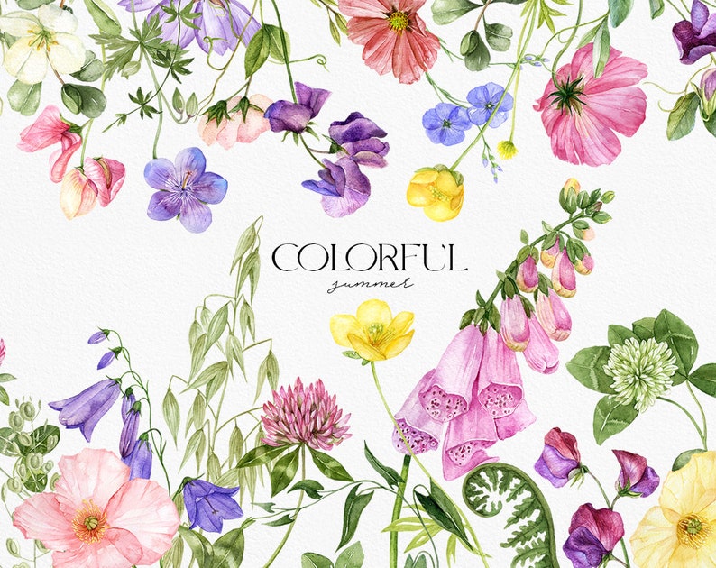 May include: Watercolor illustration of a variety of colorful flowers, including pink, purple, yellow, and blue flowers. The text "COLORFUL summer" is written in black at the top of the image.