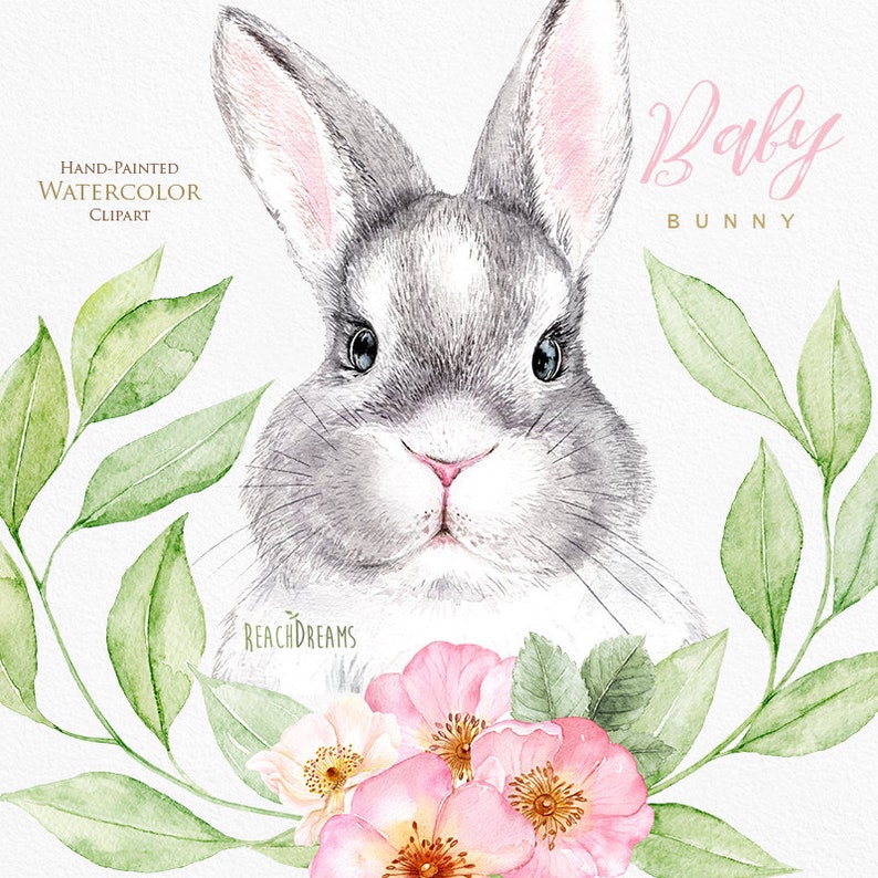 rabbit forest nursery art baby shower Watercolor Bunny Little animals clipart woodland berries kids cute babies portrait flowers