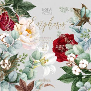 Pfingstrosen-Aquarell-Clipart, Marsala-Blumenelemente, Rot, Grün, Eukalyptusblätter, weiße Lilie, Baumwolle, Muttertag, Hochzeitseinladungen