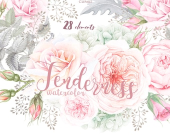 Floral Watercolor Elements, Roses, Hydrangeas, Bohemian Boho Flowers. Hand Painted Wedding Clipart. Bridal, Suite, Digital png, greeting