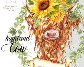 Highland Cow png, Watercolor Cow Clipart, Cow in Sunflowers, Farm Animals, Cow with Flowers,  PNG Digital, Country Animals, Rustic Wall Art
