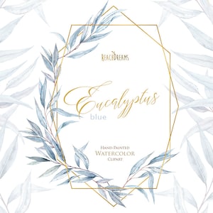 Eucalyptus clipart, Acuarela Geometric Floral Frames, follaje, azul, oro, boda, nupcial, delicado, naturaleza, rama, hojas suaves