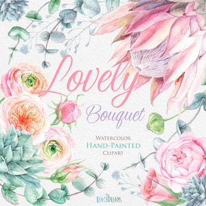 Wedding Watercolor Flowers, Protea, Ranunculus, English Roses, Eucalyptus, Succulents, handpainted clipart, invitations, greeting card