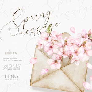 Aquarel kersenbloesems, postbrief envelop, Sakura clipart, bloementakken, lente bloemen roze verse boeketten, premade clipart png