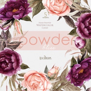 Pivoines Fleurs Aquarelle, Roses, Couronnes florales, Poudre, Prune, Violet, Bourgogne, Mariée, Boho clipart, Mariage peint à la main, Png numérique