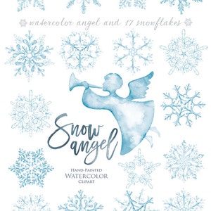 Puede incluir: Ilustraci&oacute;n en acuarela de un &aacute;ngel de nieve y 17 copos de nieve en tonos azul claro. La imagen incluye el texto "Snow Angel" y "Hand-Painted Watercolor Clipart".