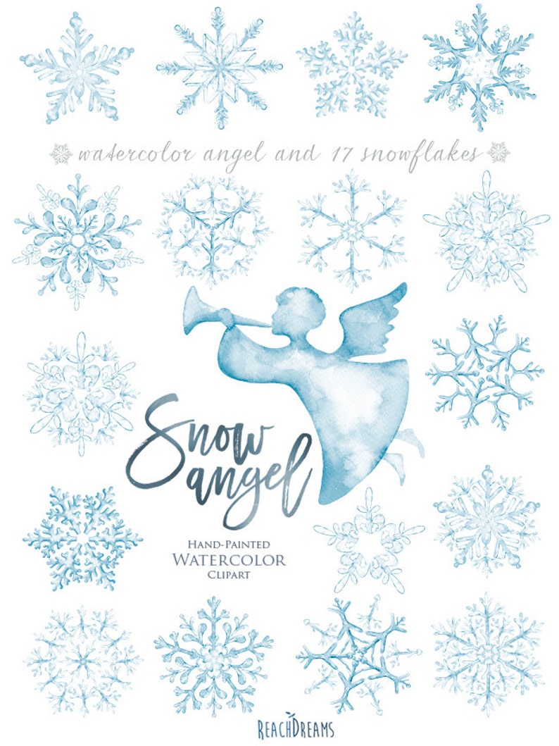 Puede incluir: Ilustraci&oacute;n en acuarela de un &aacute;ngel de nieve y 17 copos de nieve en tonos azul claro. La imagen incluye el texto "Snow Angel" y "Hand-Painted Watercolor Clipart".