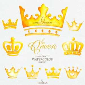 Aquarel kroon. Clipart-elementen. Koningin Koning Prinses Gouden Royalty. Handgeschilderde uitnodigingen, wenskaart, huwelijksuitnodiging, doe-het-zelf