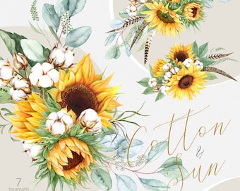 Sunflower, Cotton, Eucalyptus clipart, Watercolor clipart, Greenery, Rustic Wedding, Bouquets, Bohemian, Boho flowers, Invitations, png