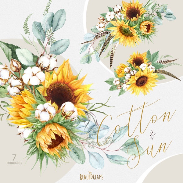 Sunflower, Cotton, Eucalyptus clipart, Watercolor clipart, Greenery, Rustic Wedding, Bouquets, Bohemian, Boho flowers, Invitations, png