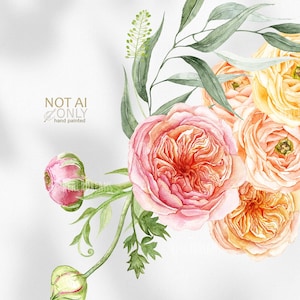 Op de afbeelding: Waterverfillustratie van een bloemenboeket met roze en oranje rozen, groene bladeren en knoppen. De tekst "NOT AI ONLY hand painted" staat linksboven. De woorden "REACHDREAMS" staan linksonder.