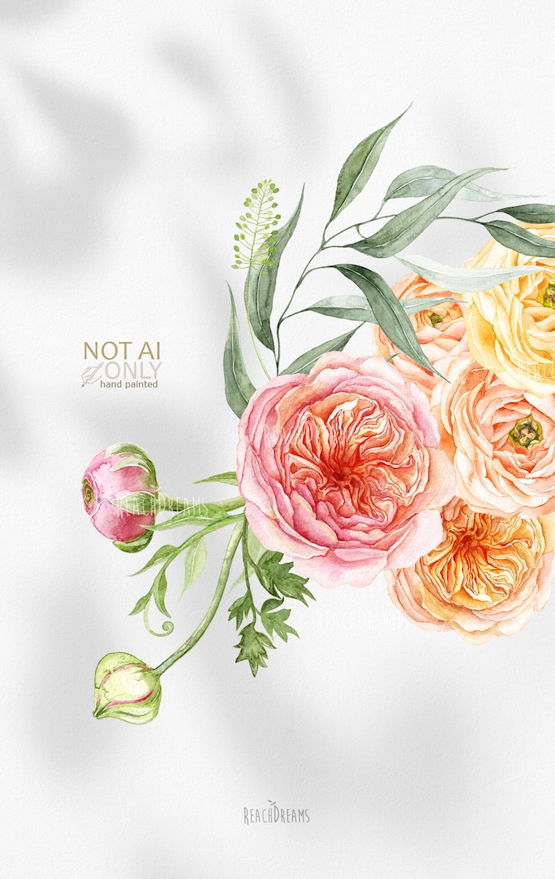 Op de afbeelding: Waterverfillustratie van een bloemenboeket met roze en oranje rozen, groene bladeren en knoppen. De tekst "NOT AI ONLY hand painted" staat linksboven. De woorden "REACHDREAMS" staan linksonder.