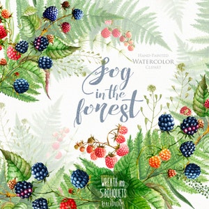 Aquarelle Wedding ClipArt. Mûres, Framboises, Fougère, Couronne peinte à la main et Bouquets, Forêt, Boho, Rustique, BRICOLAGE, invitation, invitations