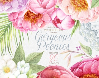 Peonies Watercolor Flowers Clipart. BOHO, Hand painted Watercolour floral, Wedding invitation, DIY elements, invite, greeting card