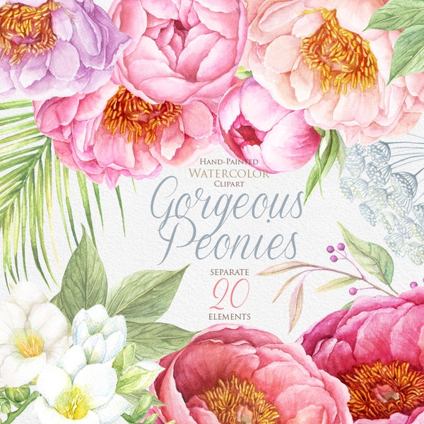 Peonies Watercolor Flowers Clipart. BOHO, Hand painted Watercolour floral, Wedding invitation, DIY elements, invite, greeting card