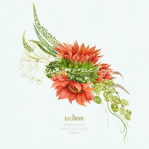 May include: Watercolor illustration of a bouquet of orange sunflowers, green hops, and other greenery. The bouquet is arranged in a corner of the image, with the sunflowers facing the viewer. The background is a light blue.