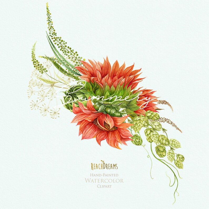May include: Watercolor illustration of a bouquet of orange sunflowers, green hops, and other greenery. The bouquet is arranged in a corner of the image, with the sunflowers facing the viewer. The background is a light blue.