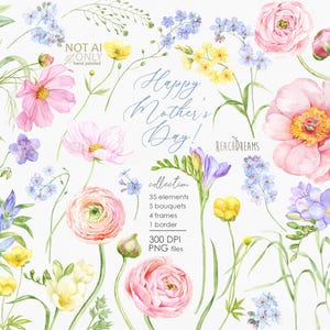 Puede incluir: Colección floral en acuarela con flores rosas, amarillas y azules y hojas verdes. La imagen incluye el texto "Happy Mother's Day!" y detalles sobre la colección, como 35 elementos, 5 ramos y 4 marcos.