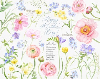 May include: Watercolor floral collection featuring pink, yellow, and blue flowers with green foliage. The image includes the text "Happy Mother's Day!" and details about the collection, such as 35 elements, 5 bouquets, and 4 frames.
