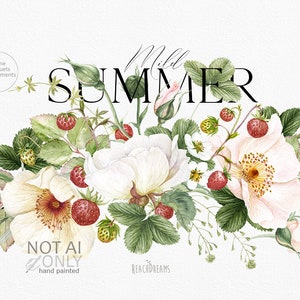 Aquarel clipart, rozen arrangementen, witte roos clipart, bruiloft bloemen, aardbeien, wilde bloemen, tuin bloemen PNG, zomerbloesem