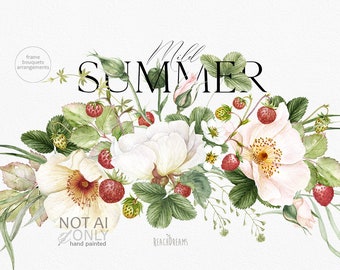Clipart de acuarela, arreglos de rosas, clipart de rosas blancas, flores de boda, fresas, flores silvestres, flores de jardín PNG, flores de verano