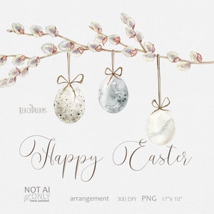 Aquarell Ostern Clipart, festliches Blumenarrangement, Zweig Weidenkätzchen, Eier PNG, süße Schleifen, für Osterkarten, Frühlingsferien Clipart