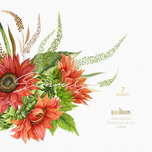 May include: Watercolor clipart of 7 bouquets of red sunflowers with green leaves and stems. The text "Summery" is written in white cursive on the image. The text "REACH DREAMS" is written in gold cursive on the image. The text "HAND-PAINTED WATERCOLOR CLIPART" is written in gold on the image.