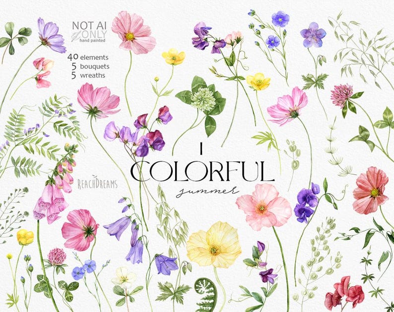 May include: Watercolor illustrations of various flowers and plants, including cosmos, sweet peas, clover, and foxgloves. The illustrations are in shades of pink, purple, yellow, and green. The text "I Colorful summer" is written in black letters.