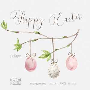 Clipart di Pasqua dell'acquerello, ramo primaverile, uova di Pasqua, fiocchi carini, per cartoline di Pasqua, clipart vacanze, clipart rosa delicato, clipart primaverile