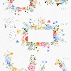 Op de afbeelding: Waterverf bloemenframe ontwerpen in verschillende vormen, waaronder ovale, rechthoekige en halfronde arrangementen. De frames bevatten een mix van kleurrijke bloemen, waaronder rozen, hortensia's en andere bloesems, met afmetingen vari&euml;rend van 15 cm x 23 cm tot 18 cm x 25 cm. Het woord "Blossom bright" staat in de afbeelding.