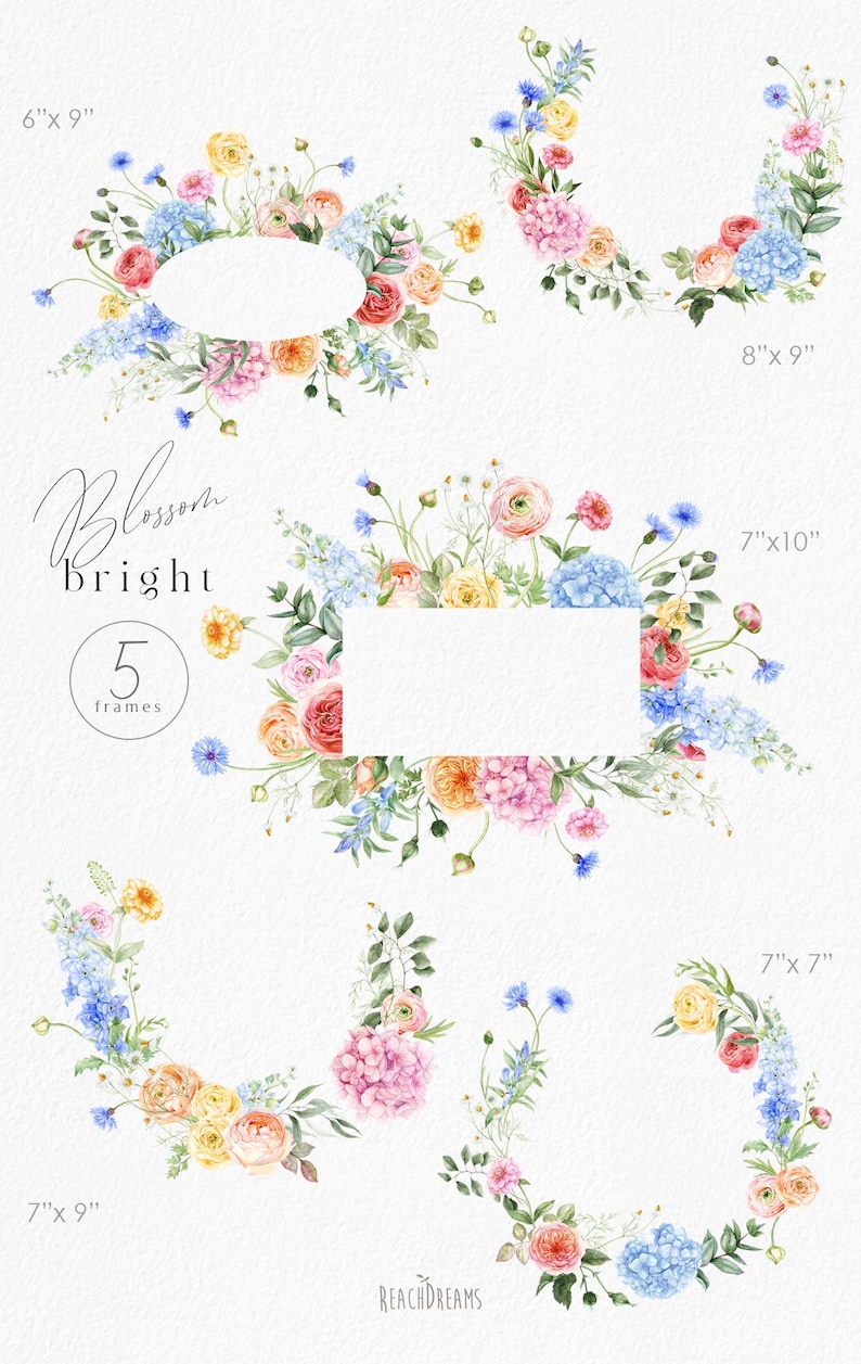 Op de afbeelding: Waterverf bloemenframe ontwerpen in verschillende vormen, waaronder ovale, rechthoekige en halfronde arrangementen. De frames bevatten een mix van kleurrijke bloemen, waaronder rozen, hortensia's en andere bloesems, met afmetingen vari&euml;rend van 15 cm x 23 cm tot 18 cm x 25 cm. Het woord "Blossom bright" staat in de afbeelding.