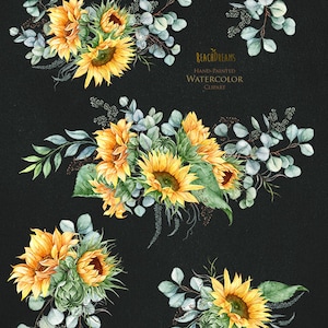 K&ouml;nnte beinhalten: Sieben Aquarell-Str&auml;u&szlig;e mit Sonnenblumen und Eukalyptusbl&auml;ttern. Die Str&auml;u&szlig;e sind kreisf&ouml;rmig auf einem schwarzen Hintergrund angeordnet. Der Text "Eucalyptus & Sunflowers" ist in goldener Schrift &uuml;ber den Str&auml;u&szlig;en geschrieben. Der Text "REACH DREAMS HAND-PAINTED WATERCOLOR CLIPART" ist in goldener Schrift unter den Str&auml;u&szlig;en geschrieben.
