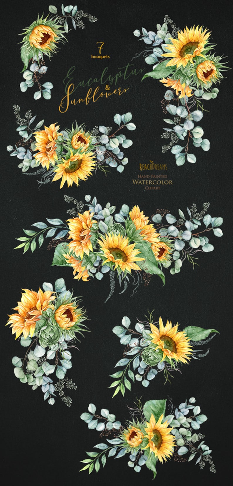 K&ouml;nnte beinhalten: Sieben Aquarell-Str&auml;u&szlig;e mit Sonnenblumen und Eukalyptusbl&auml;ttern. Die Str&auml;u&szlig;e sind kreisf&ouml;rmig auf einem schwarzen Hintergrund angeordnet. Der Text "Eucalyptus & Sunflowers" ist in goldener Schrift &uuml;ber den Str&auml;u&szlig;en geschrieben. Der Text "REACH DREAMS HAND-PAINTED WATERCOLOR CLIPART" ist in goldener Schrift unter den Str&auml;u&szlig;en geschrieben.