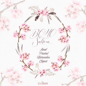 Sakura-krans, boeketten, veren. Handgeschilderde aquarel clipart. Boho Wedding, lentebloemen, uitnodigingen, groeten, bloei, romantisch
