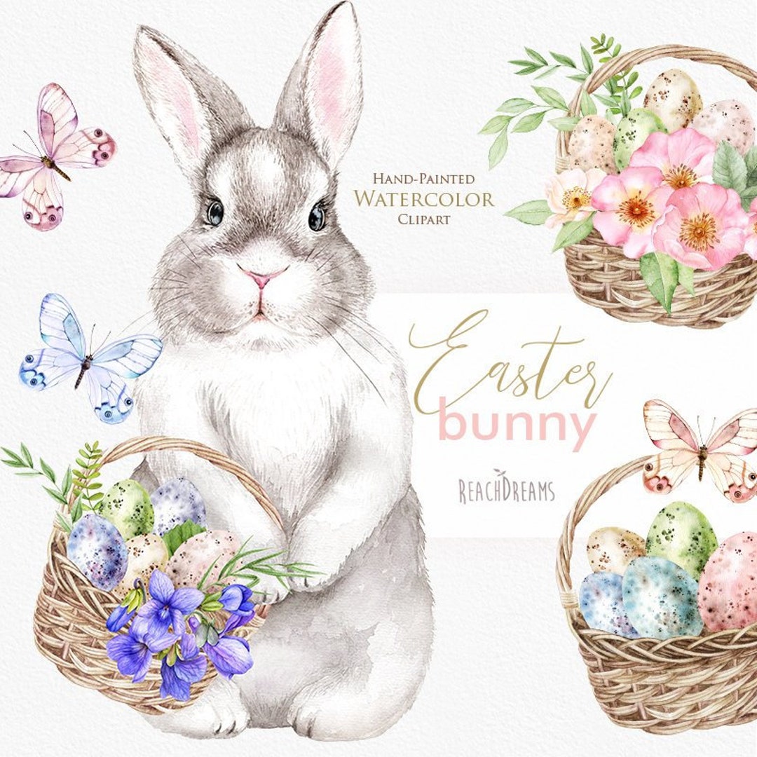Watercolor Easter Bunny Clipart. Floral Butterflies Eggs. Etsy 日本