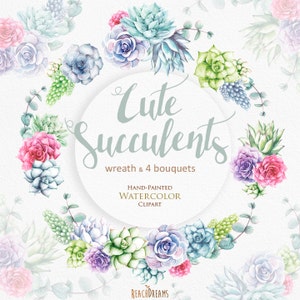 Aquarelle Succulents Clipart. Couronne de mariage, bouquets. Plantes printable téléchargement instantané, invitations de mariage peintes à la main, éléments diy