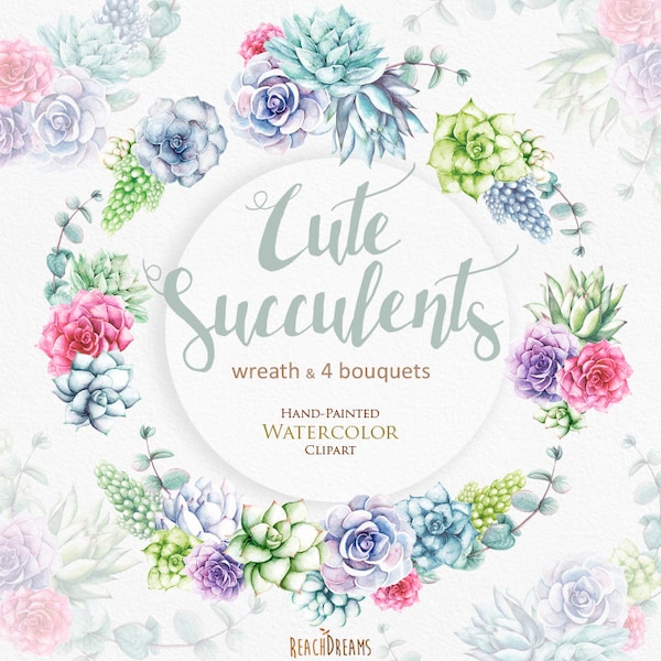 Watercolor Succulents Clipart. Wedding wreath, bouquets. Plants printable instant download, Hand painted wedding invitations, diy elements