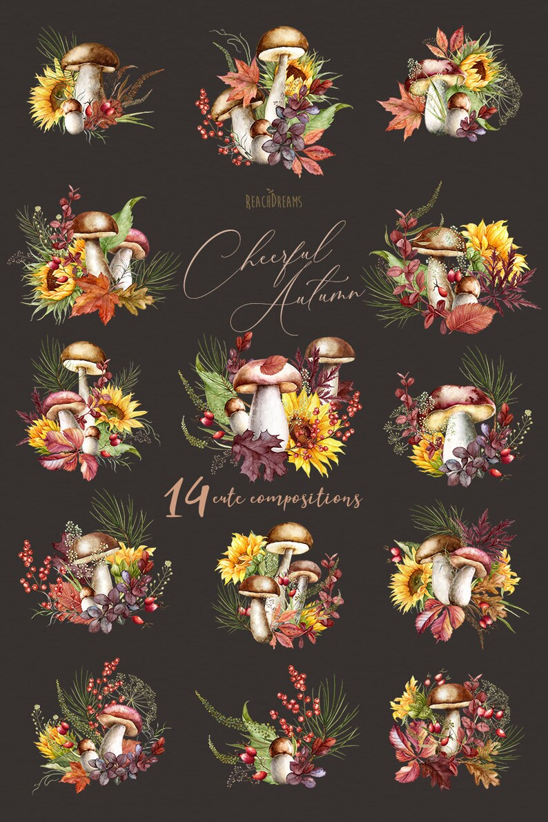 Mushrooms Sunflowers Autumn Leaves Leaf Fall Forest Watercolor Clipart ...