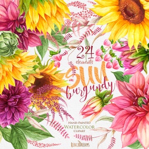 Girassóis, Dálias. Elementos florais em aquarela, flores Boho, clipart de casamento pintado à mão rústico. Convites digitais. Cartão de felicitações png