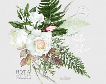 White Roses Clipart, Wedding Floral Clipart, Bouquets Roses, White Bohemian Flowers, Bright Fern, Elegant Boho Rose, Wedding Invitations PNG