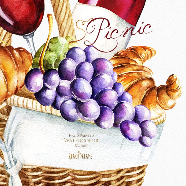 Clipart aquarelle pique-nique, Panier pique-nique, Panier pique-nique, Vin, Verre, Fruits, Raisins, Nourriture, Cuisine, Été, Camping, Aquarelle ensemble numérique image 6