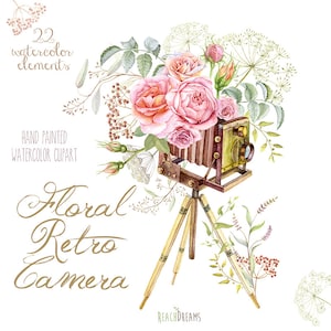 Câmera fotográfica retrô floral aquarela. Casamento vintage, convite, cartão de felicitações, faça você mesmo, png transparente, convites de flores de rosas, folhas, ervas